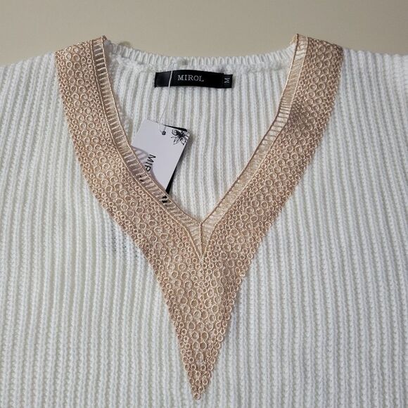Mirol Women's Ivory Openwork V-Neck Long Sleeve Sweater - Picture 11 of 16